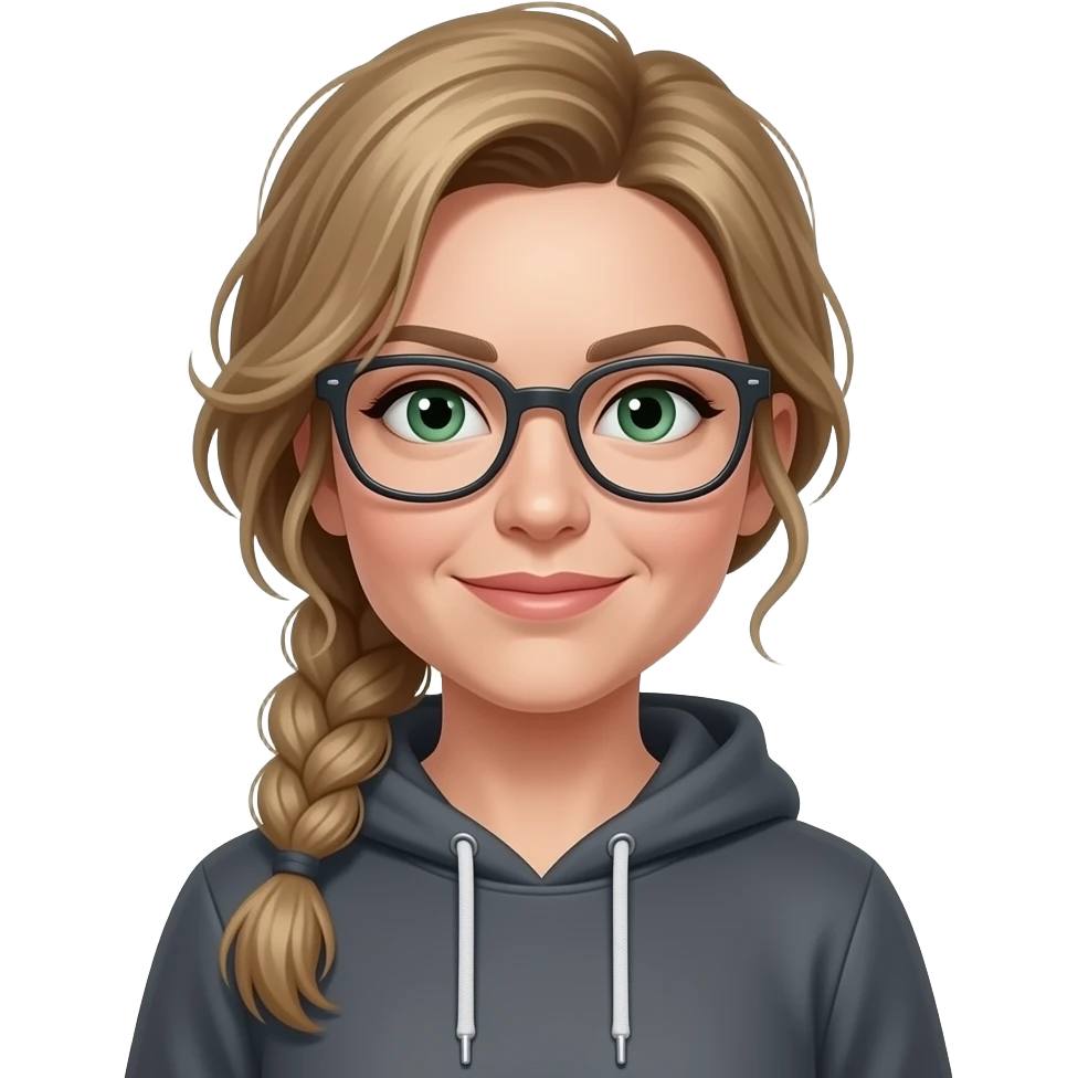 girl in her mid-30s, dirty blonde/brown hair, messy low side braid, green eyes with glasses dark grey hoodie, gunmetal gray fitted jeans, charcoal color platform wedge boot emoji