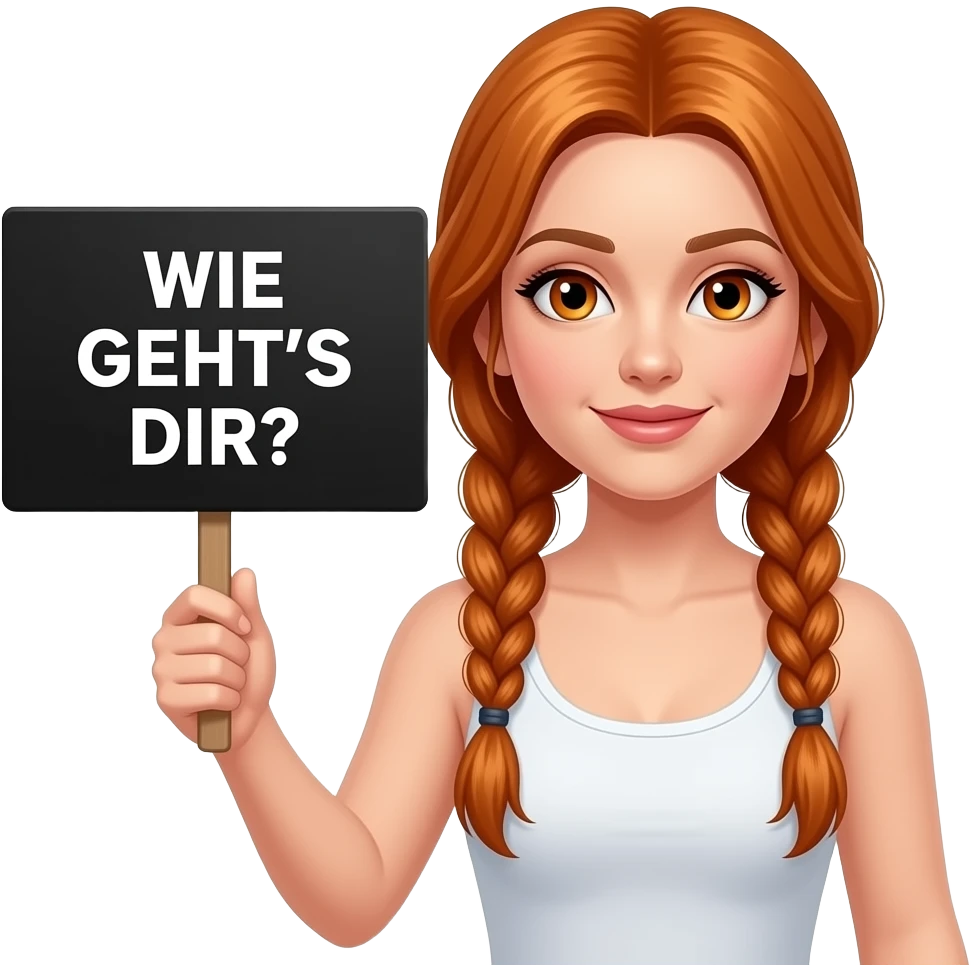 sexy girl with long ginger braids and ginger eyes wearing a white tanktop is holding a black sign with WIE GEHT'S DIR? written on it emoji