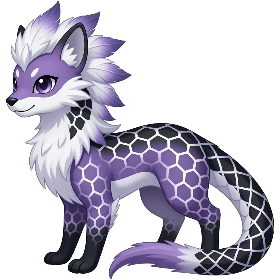 Honeycomb-patterned Slim stylish feather-maned elegant realistic Asian Furry, feathery fluffy tropical flecked painted feathery scaly, Purple, white, black, Minccino-Bambino-Lykoi-Linoone-Zangoose-fusion-hybrid-animal-Fakémon-creature, full body, thin long sleek scaly tail, intricate markings emoji