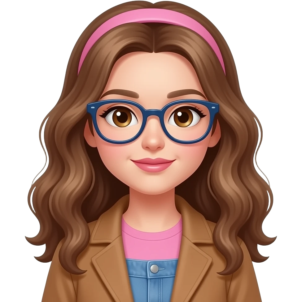Make a very light brown wavy long hair girl with white skin brown eyes wearing dark blue cat eye wearing a brown coat pink undershirt blue flare jeans pink headband pink lips make her as a student in Wien emoji