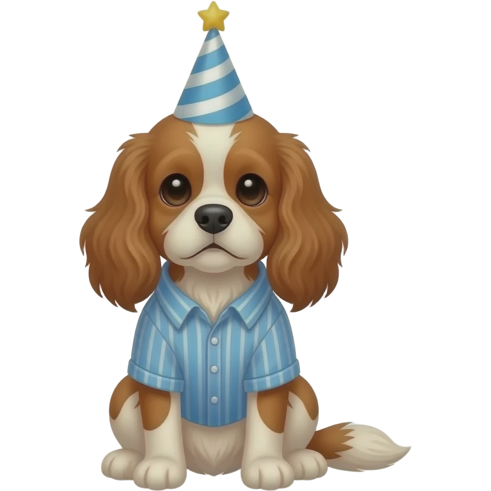 A brown Cavalier King Charles Spaniel sitting in a blue vertically thin-striped shirt with a birthday hat emoji