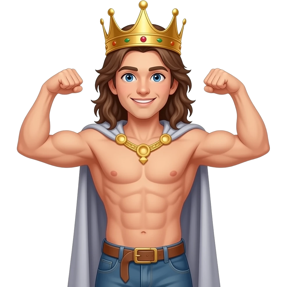 muscular shirtless twink with very long brown hair wearing crown and flexing emoji