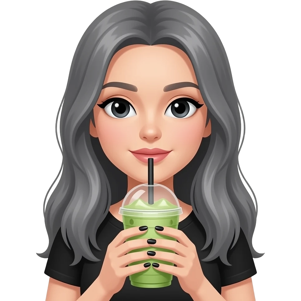 lady with black eyes and grey really long hair black nails and holding an iced matcha emoji