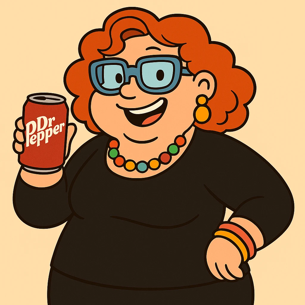 Add jewelry including earrings and a necklace, dress her in black clothes, and put a Dr Pepper soda in her hand. Keep her fun and approachable in the style of the original image. emoji