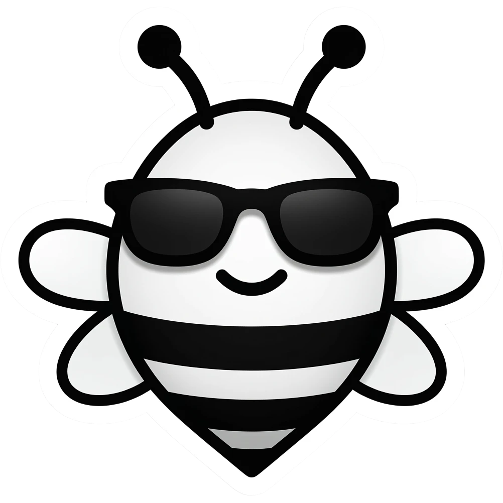 minimal bee mascot, simple black sunglasses, small smile, ultra minimal black and white, bold outline, white sticker border emoji