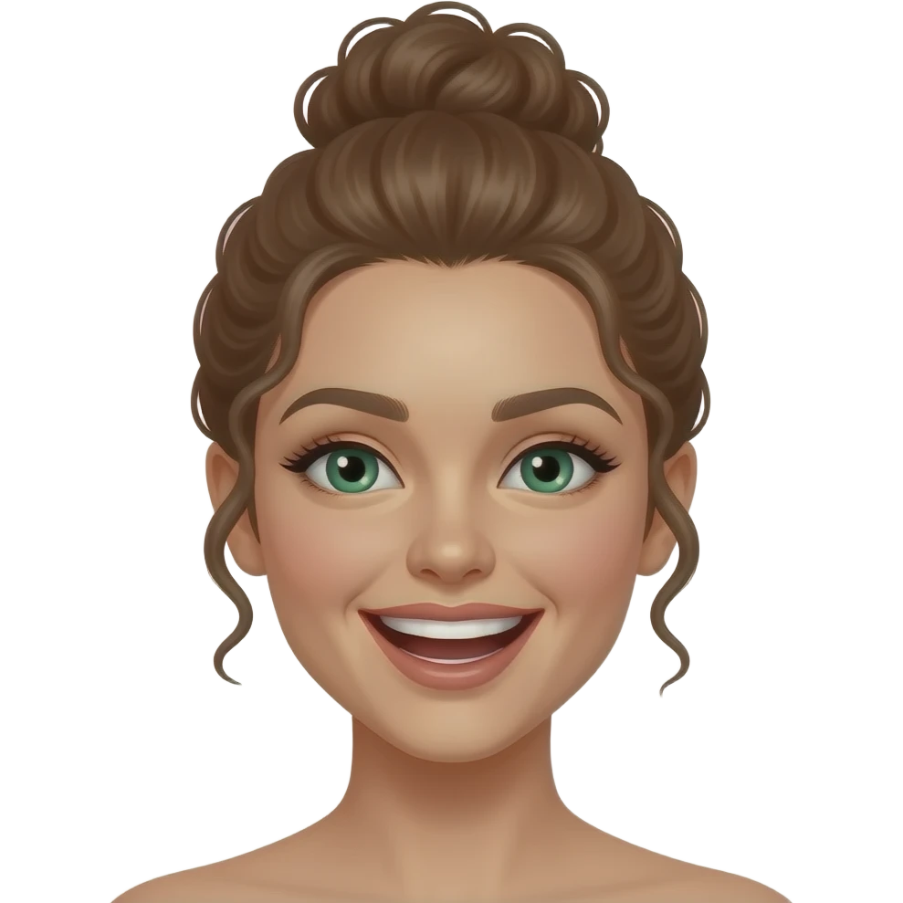 light brown haired realistic woman with green eyes curly bun laughing emoji