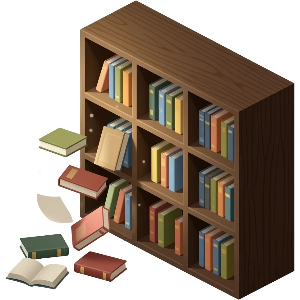 close up cube library shelf isometric view with some books tilted out and falling out emoji