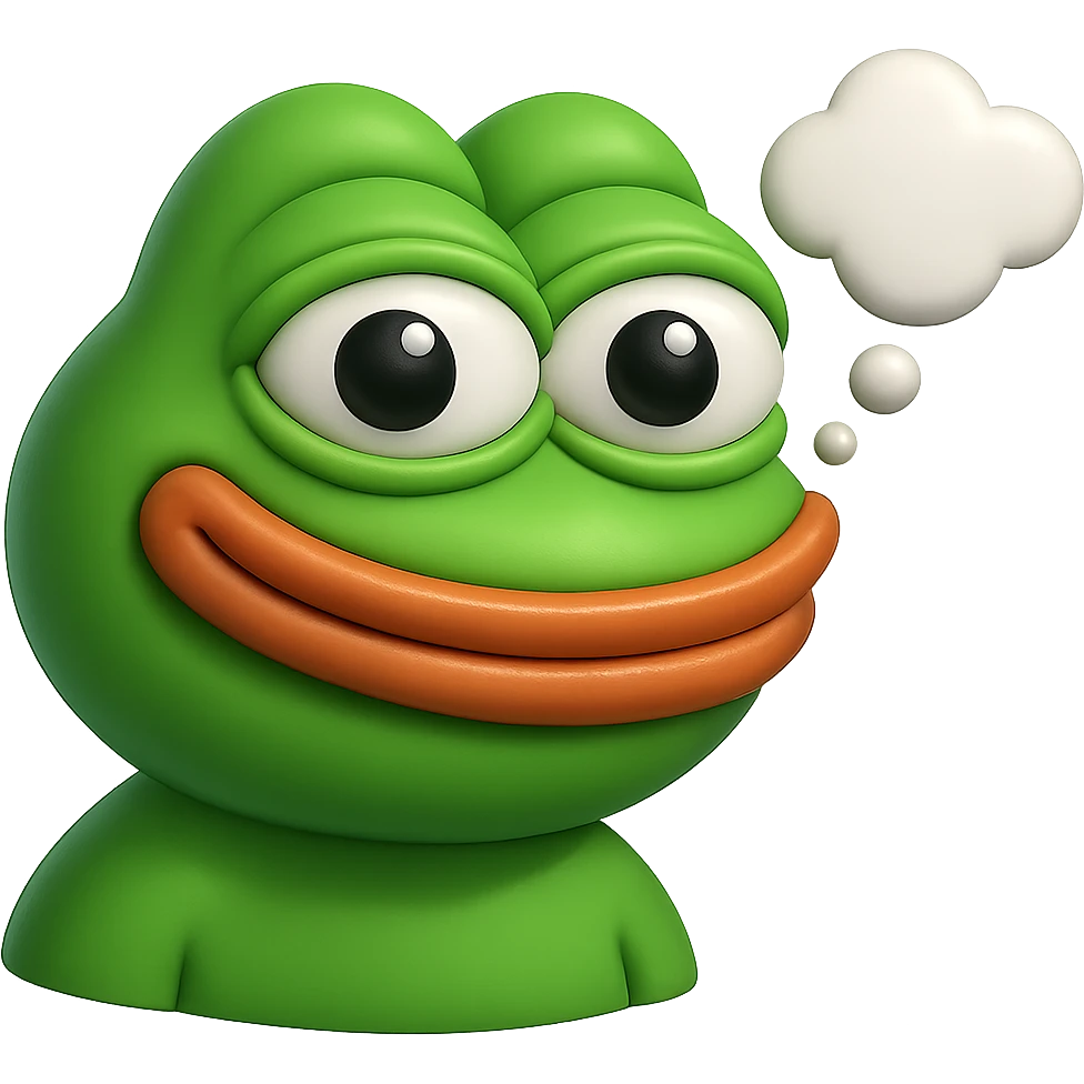 make a pepe in bright green smiling and looking straight at the camera with thought bubble looking at right right in 3d style, good highlights and shadows, drop shadows emoji