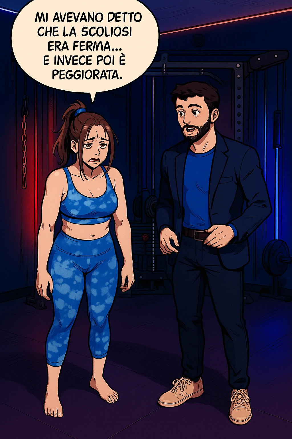 fai questa immagine in versione fumetto/manga/webtoon a colori, il manga mostra la donna disperata con un fumetto sulla testa che dice:
Mi avevano detto che la scoliosi era ferma… e invece poi è peggiorata.
 emoji