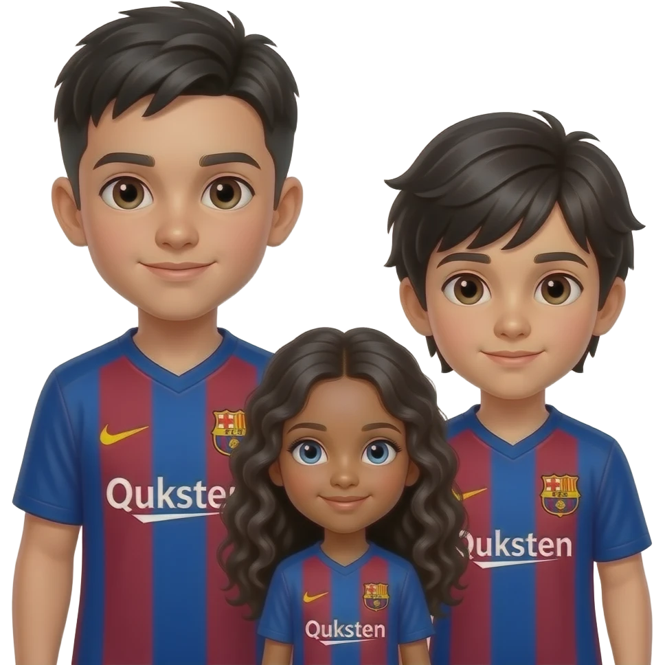 3 enfants, un premier garçon le plus grand les cheveux noirs courts les yeux marrons et un maillot du FC Barcelone, un 2ème garçon un peu plus petit cheveux noirs mi longs les yeux marrons et un maillot du FC Barcelone, enfin une fille plus petite encore cheveux bouclés longs noirs yeux bleus emoji