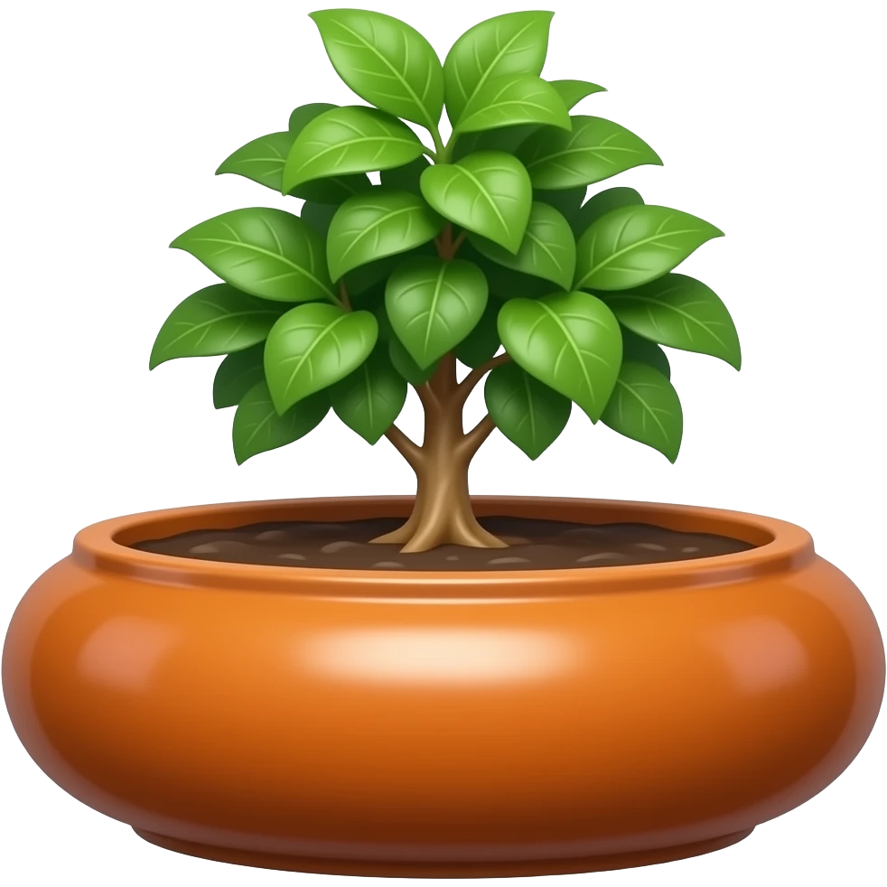 Create an elegant and decorative oval ceramic planter, similar to a bonsai. The planter has a wide mouth and a shallow height. It is glazed in a burnt orange color and contains a small ficus tree. The background is white. Illustration style: Cartoon – Art Deco – 2D emoji