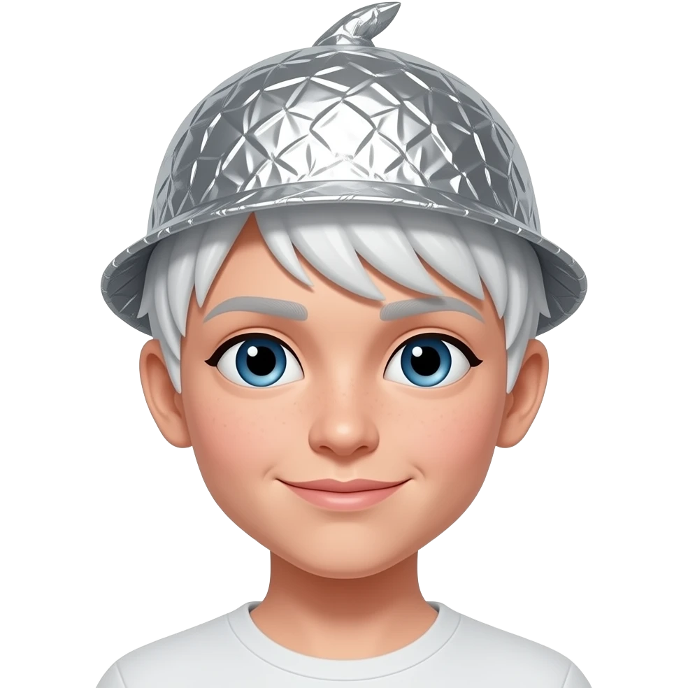 white woman with very short boy style white hair wearing a tinfoil hat emoji