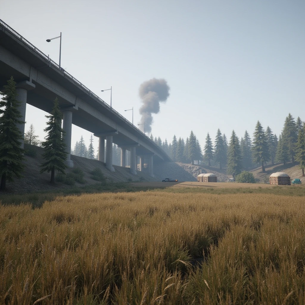  a screenshot of a location in a videogame  the image of the scene consists of: a tall above-ground freeway with a collapsed section in the distance, a wooded area, a small field of wheat, a tall workshop in the distance, and 2-foot tall sandbag wall-fortifications. distant smoke emoji