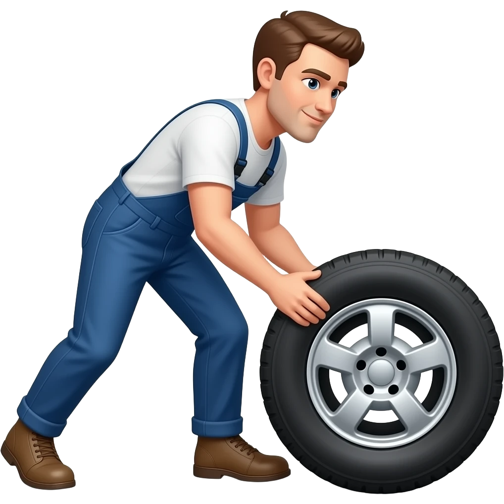 a truck tire laying flat on the floor and a man trying to lift it, not roll it emoji