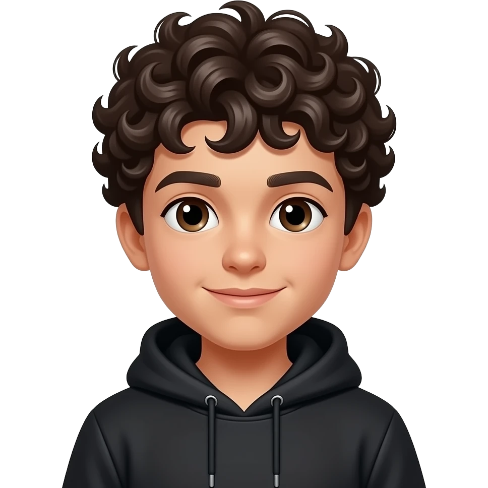 Crea un immagine di un ragazzo con capelli mossi che inodossa una felpa nera e pelle bianca emoji