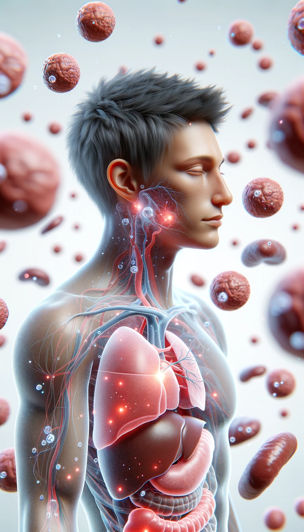 corpo umano anatomico con capelli corti e gli occhi chiusi, intorno a lui fluttuano cellule, fegato in evidenza, ha l'espressione rilassata, visto dal fianco iperrealistica 4k, isolato su sfondo bianco emoji