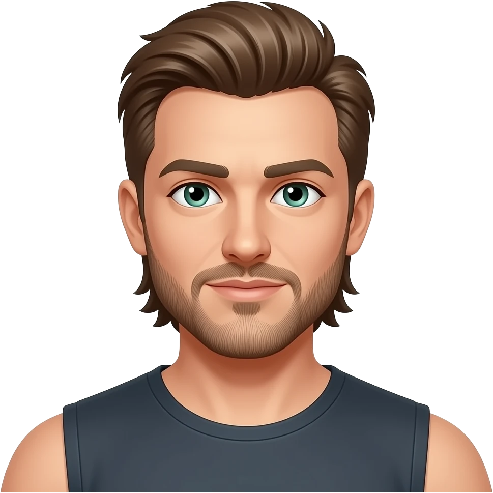 Mullet with side flares, wide shoulders. hazel blue green eyes, some grays with mostly hazel hair, 5 o’clock shade beard emoji