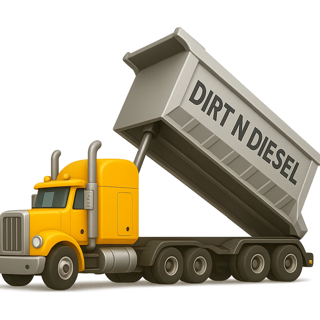 Edit the image to show a silver trailer dumping, attached to a yellow sleeper semi truck. Keep the words 'Dirt n Diesel' visible. The style should resemble an emoji style look. Remove the background completely. emoji