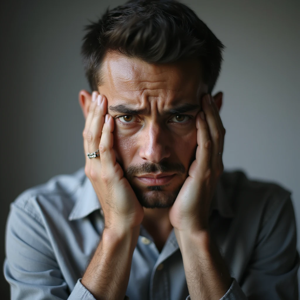 realistic 30-year-old man suffering anxiety, face in hands, tears in eyes, desperate expression, light background emoji