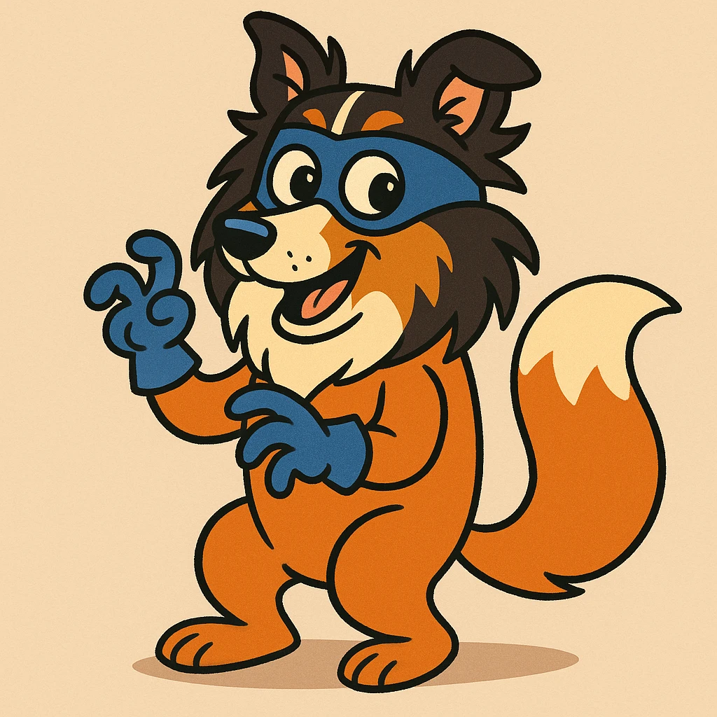 A tricolor Shetland Sheepdog dressed up as Swiper the fox from Dora the Explorer, wearing a blue mask and gloves, orange fur costume, playful and mischievous expression, cartoon style emoji