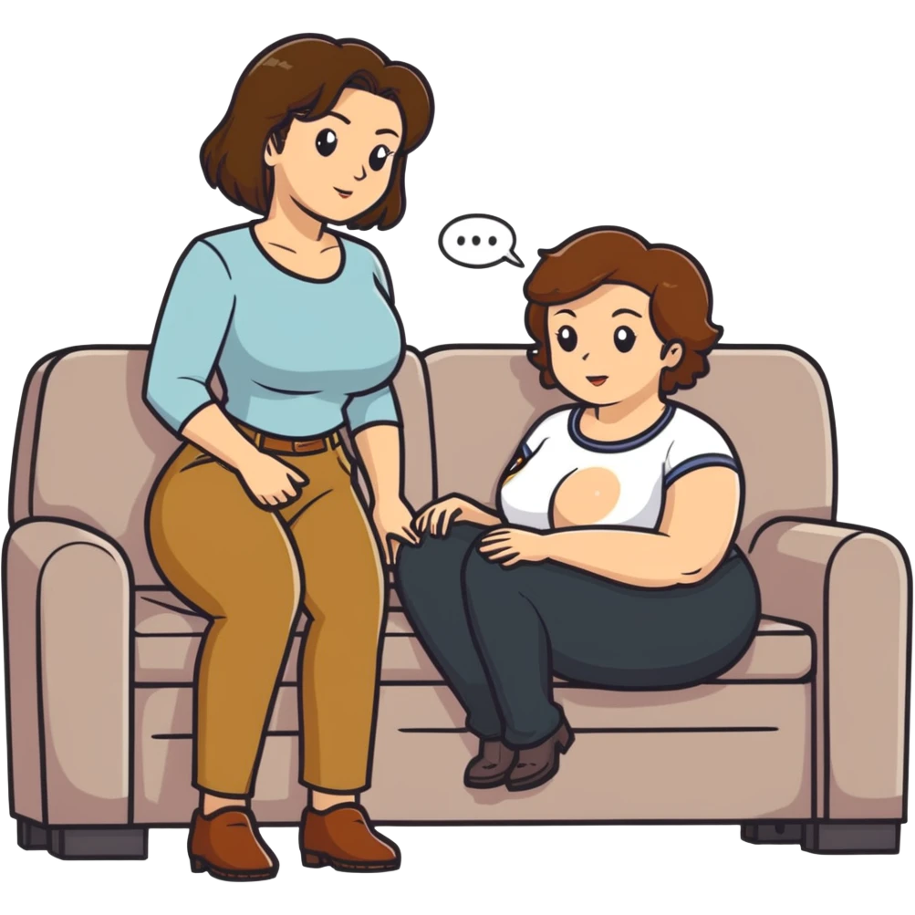 One Caucasian woman with brown hair big boobs wearing pants kneeling on a couch next to a sitting bald man. emoji