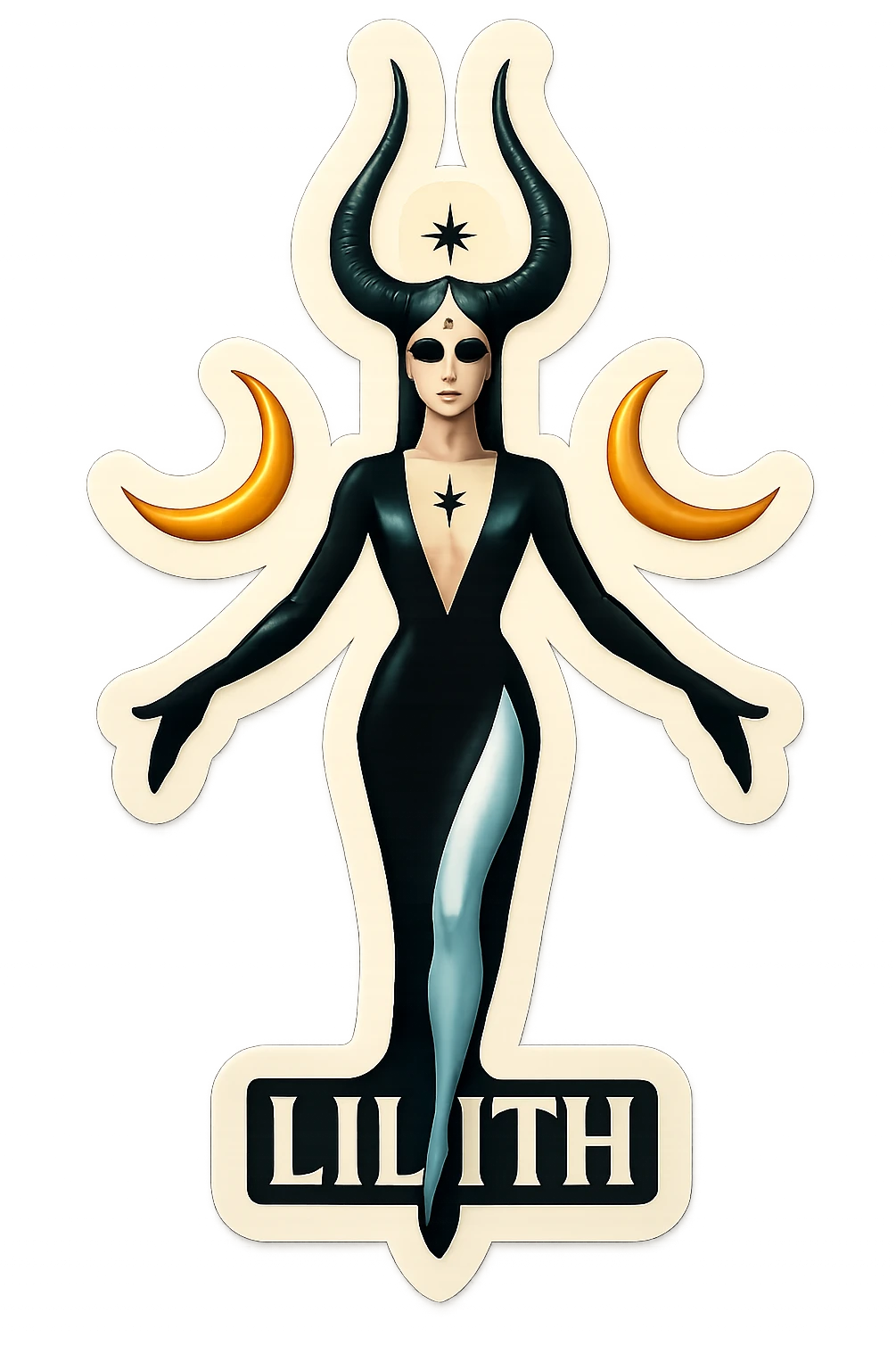 Create a retro-stickers style female figure named Lilith with long horns, wearing a black suit, light skin tone, moon symbolism, minimalist graphic style, bright colors, and transparent background. The composition and pose should match the reference image. emoji