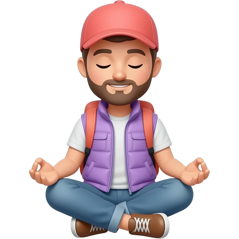 Emoji person, no gender, no beard, lilac vest and backpack, coral cap, meditating, peaceful, portrait, Apple emoji style, lilac with coral accents emoji