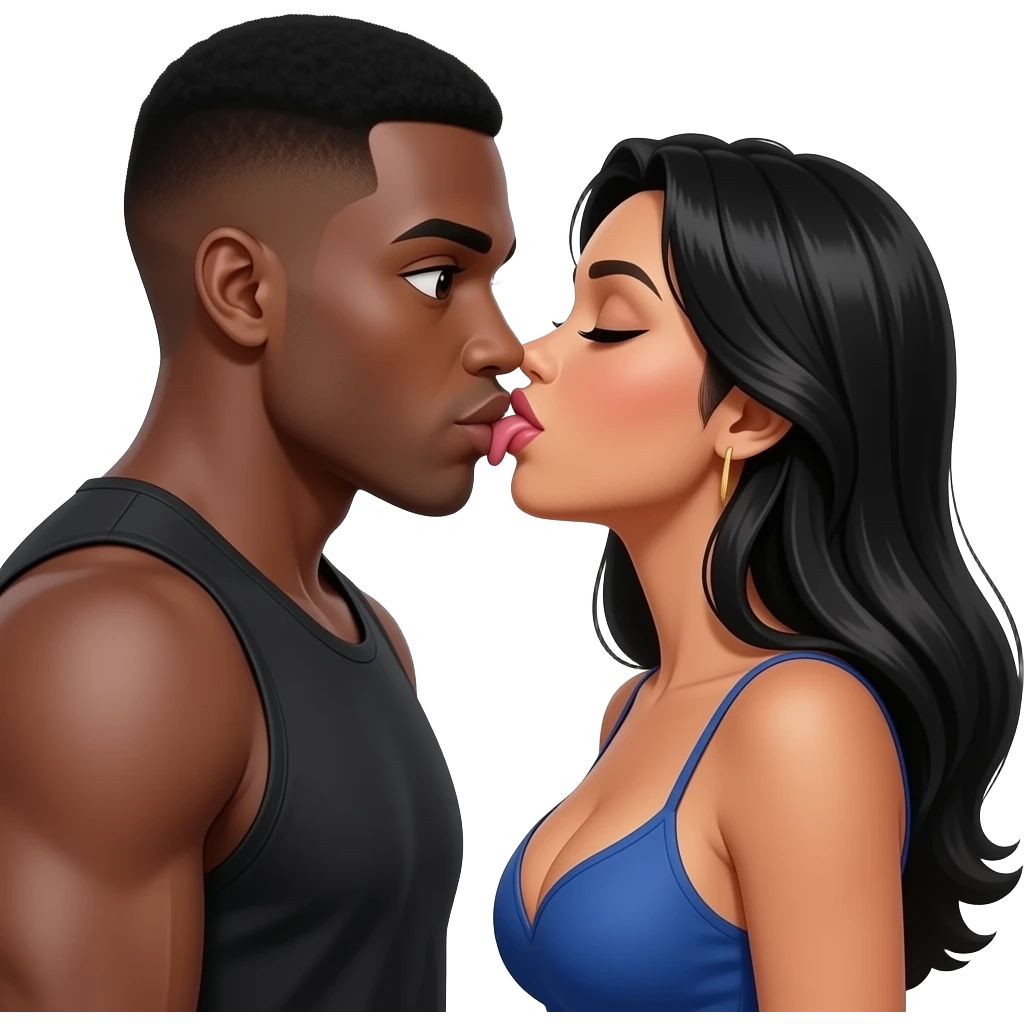 Black muscular man short hair big eyes french kissing brown Columbian woman long black hair large breast showing tongue licking between her legs emoji