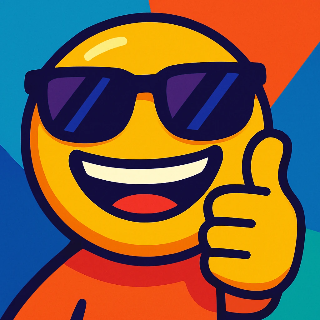 smiling emoji with sunglasses, giving a thumbs up, vibrant toon style emoji