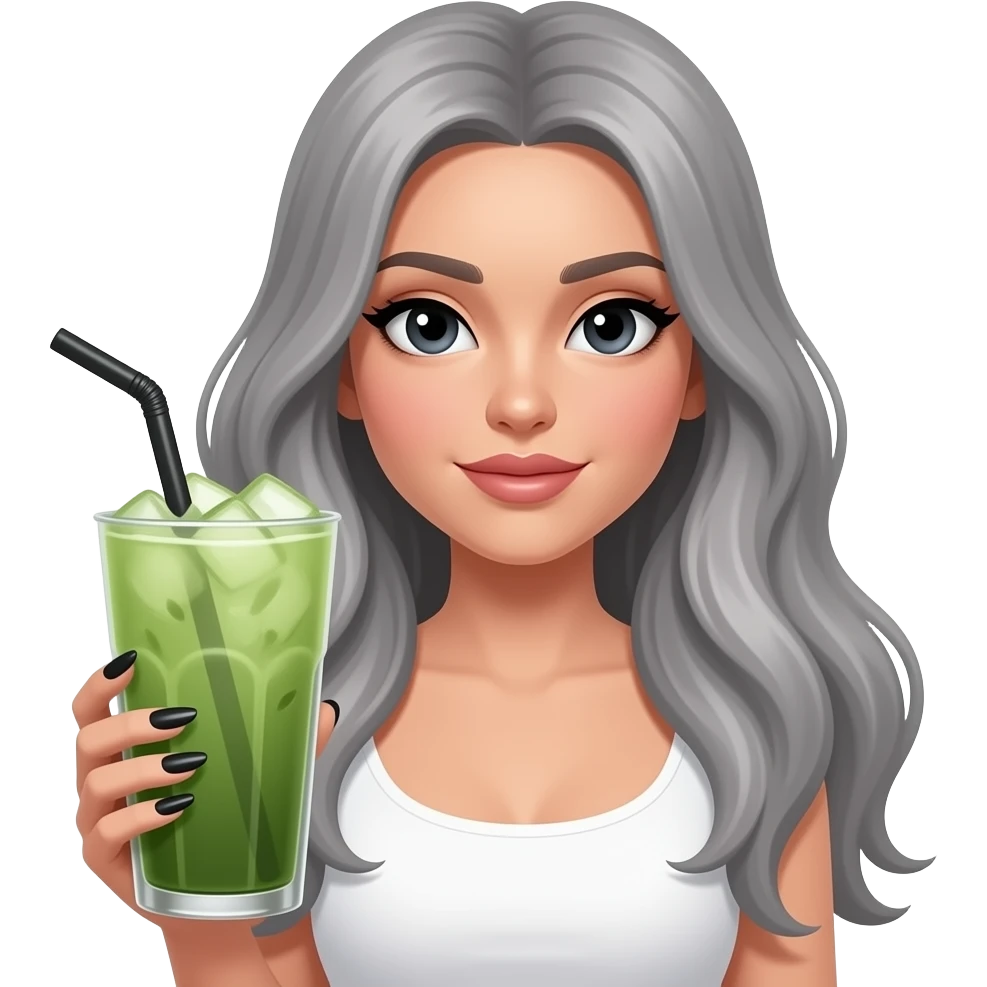 lady with black eyes and grey really long hair, long black nails and holding a big iced matcha, wearing a white top emoji