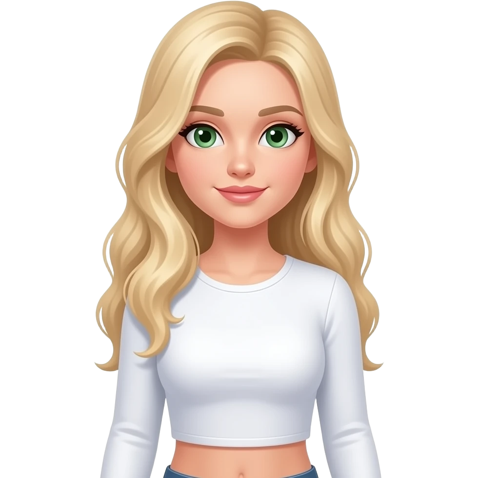 White Blonde girl with long hairs, green eyes wearing long sleeves crop white cooking emoji