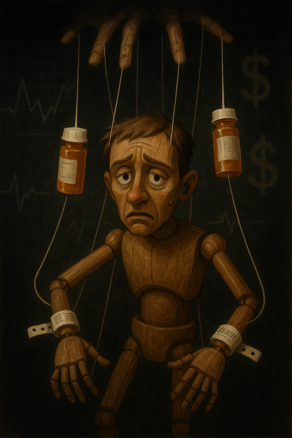 a marionette puppet with hospital bracelets and medication bottles as strings is controlled by unseen hands from above. The puppet’s face shows confusion and fatigue, representing the feeling of being managed by an invisible system. The background is dark, with faint images of medical charts and dollar signs. in italiano emoji