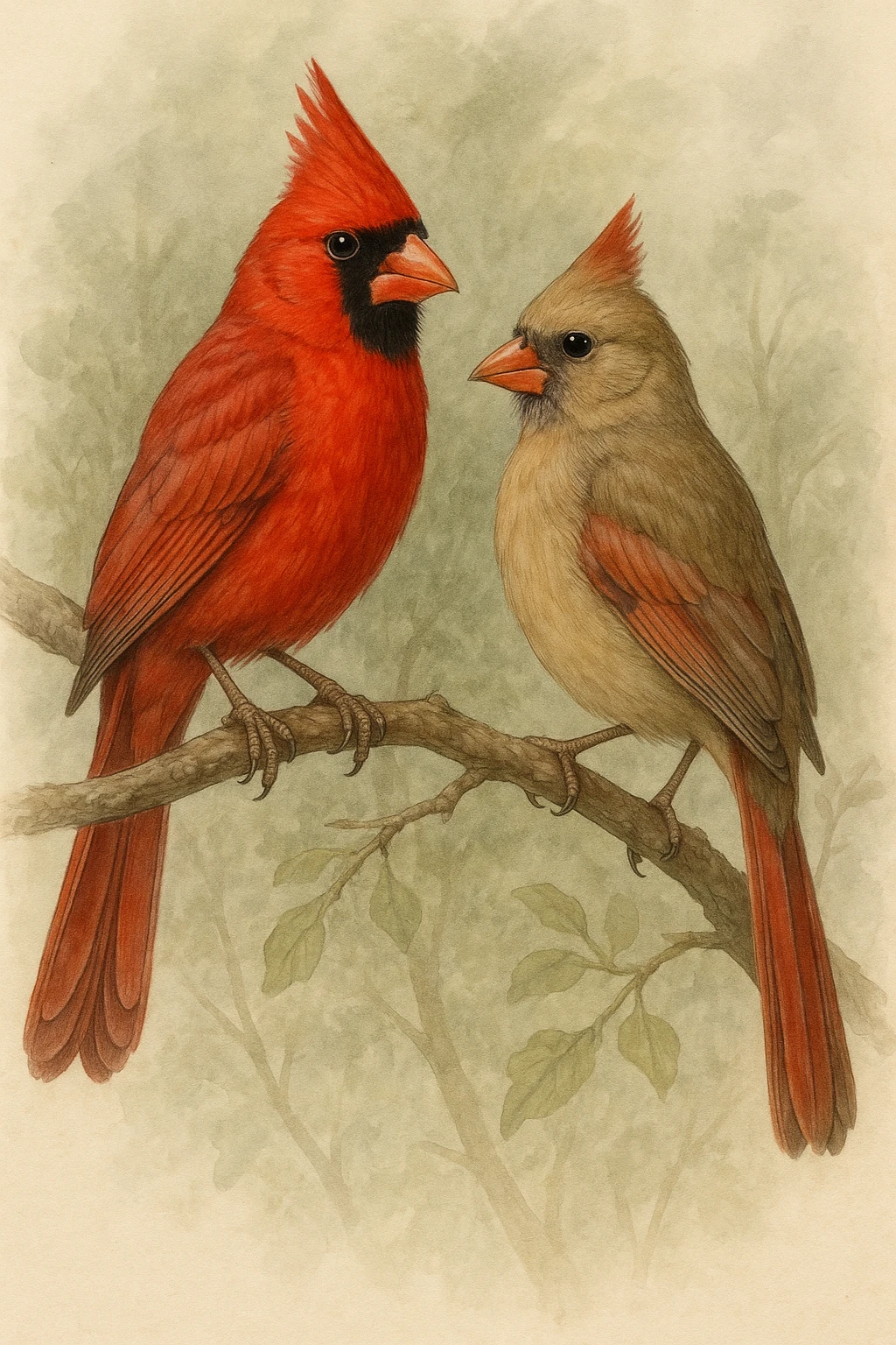 northern cardinal pair: male bold red with tall crest, black mask, orange beak; female light brown with reddish wings and tail, petite crest, faint black mask, orange beak, naturalistic style emoji