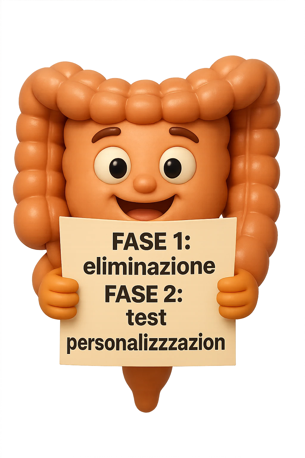 emoji stile iphone 3d di un intestino che tiene in mano un foglio con la scritta "FASE 1: eliminazione, FASE 2: test, FASE 3: personalizzazione, IPERREALISTICO 4K emoji
