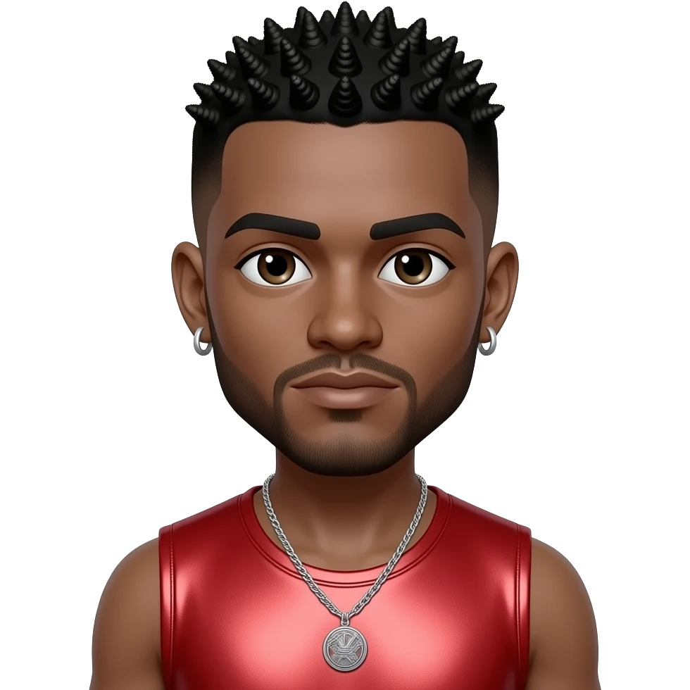 King Combs with dark brown eyes, black buzz cut hair, red metallic sleeveless shirt, necklace and earrings emoji
