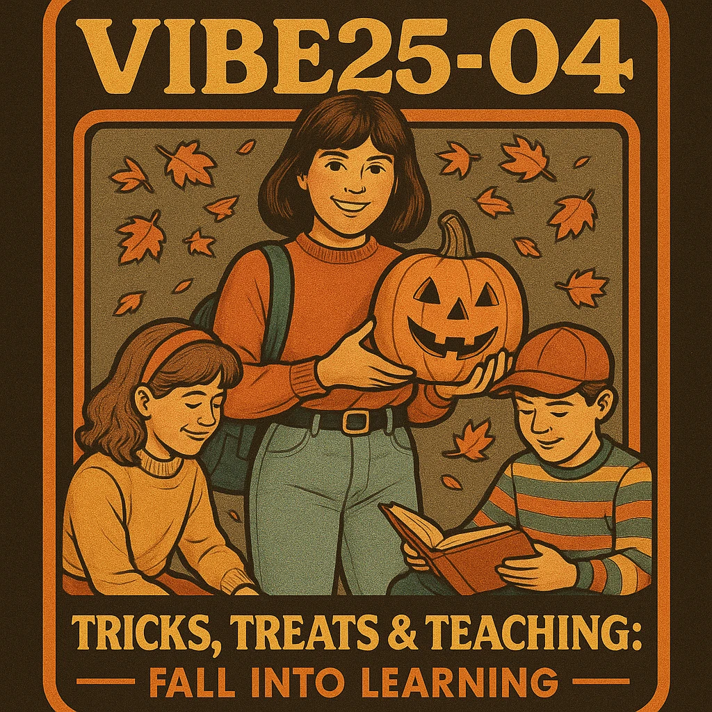 Create a logo that encompasses a retro 80's feel, nostalgic, ALSO RETRO.  Add the words "VIBE25-04: Tricks, Treats & Teaching: Fall Into Learning" emoji