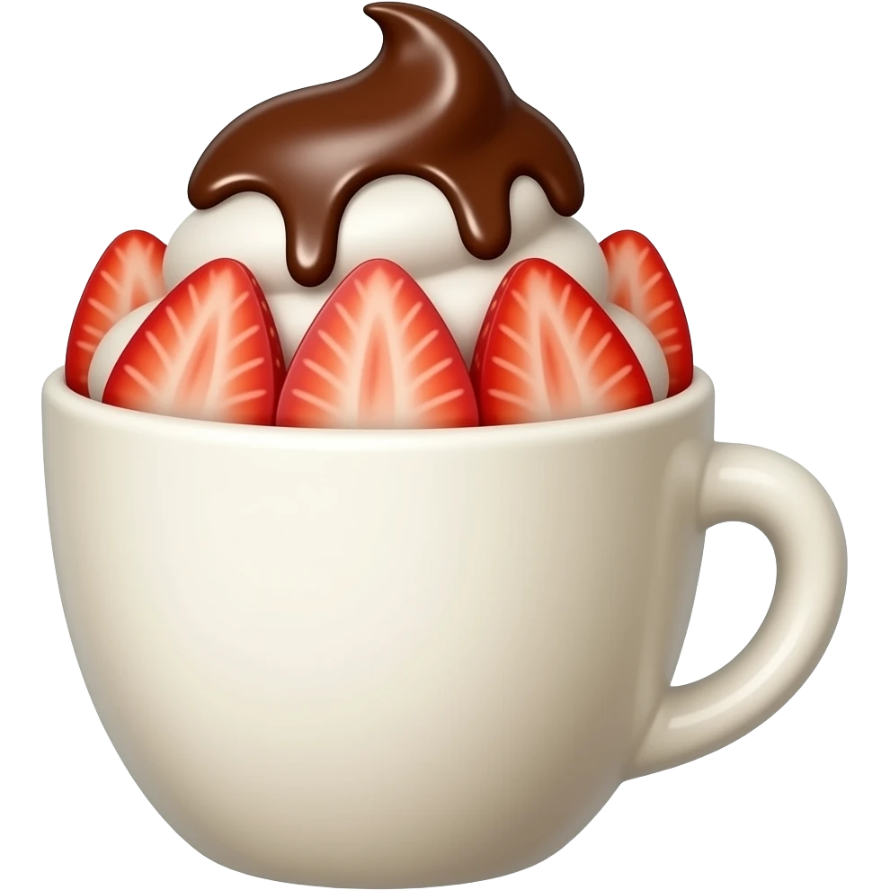 cream with strawberry in a cup with chocolate syrup topping emoji