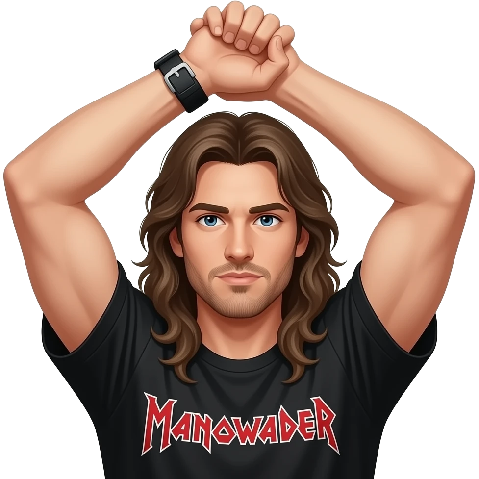 Both arms held over the head and the left hand holds the right wrist and the person should have Long hair and a black Manowar shirt emoji