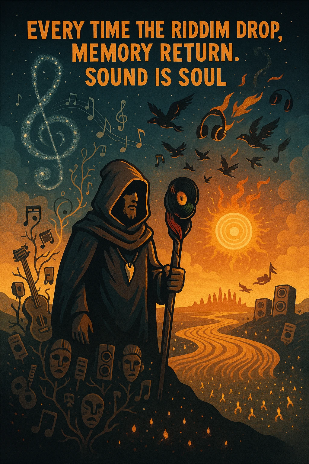 Create a mythical, animated-style poster set in a timeless world where sound is sacred. At the center, a hooded guardian of rhythm stands on a hill, overlooking a vast land shaped like a giant soundwave.

He holds a staff made of melted vinyl records, glowing with faint reggae colours — red, gold, and green. Around his neck is a lion’s fang pendant, and behind him, a swirling constellation shaped like a treble clef lights the sky.

From the earth, roots twist upward into musical notes, connecting instruments, speakers, and ancestral masks half-buried in the soil.

A flock of birds made from broken headphones and fire rises from the horizon — flying toward a glowing sun that pulses like a subwoofer.

Below, scattered across the valley, are tiny glowing embers — each one representing a soul still dancing, still alive.

In the sky, faint words form from the clouds:
“Every time the riddim drop, memory return. Sound is soul.”

The artwork should feel ancient, futuristic, and sacredly street — part graffiti, part prophecy, part roots revival. emoji