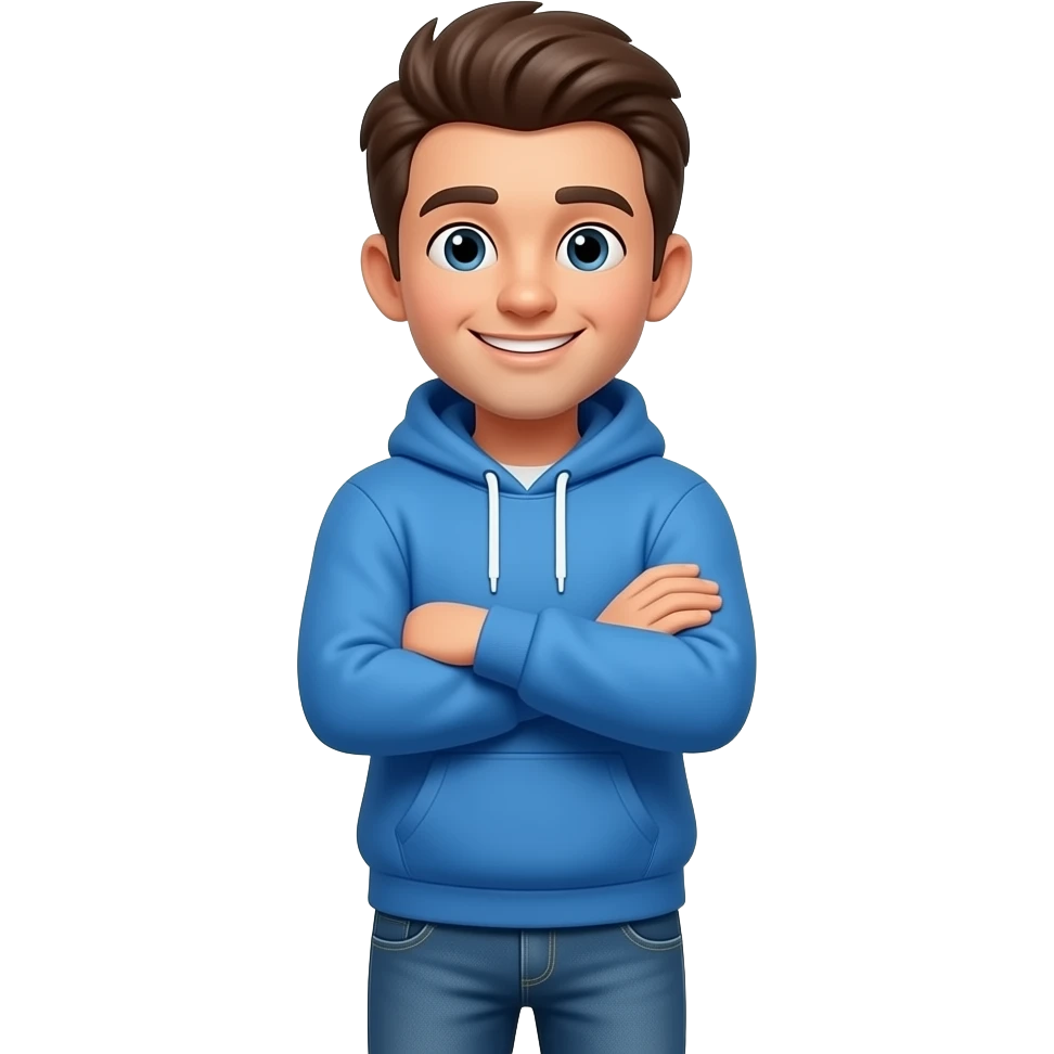 A 3D emoji-style illustration of a friendly man in casual clothes (blue hoodie and jeans), standing with arms crossed and looking directly at the viewer with a warm smile. Text in side: 'Answer to them,' are in bold white text, while the name 'Baly' is rendered in a vibrant, glowing sky blue color. emoji