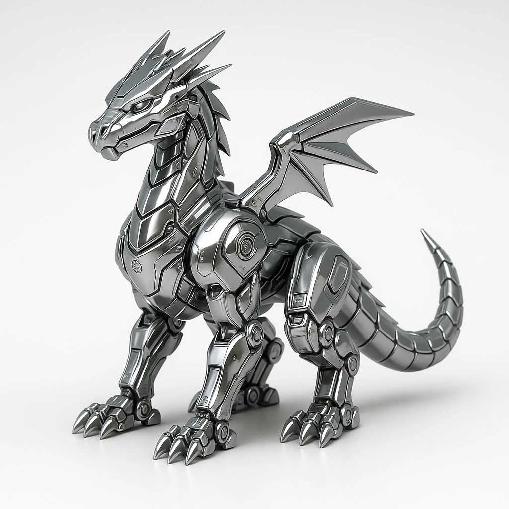 futuristic robotic dragon with chrome finish, exposed machinery, glowing energy lines, 1:1 aspect ratio emoji