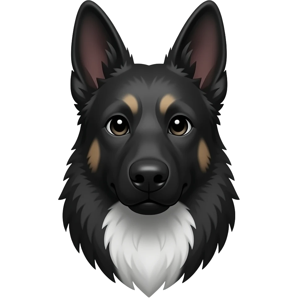 A narrow, pointed head with pointed, erect ears, long black hair and a white patch on the front of the neck. Similar to a black German Shepherd emoji