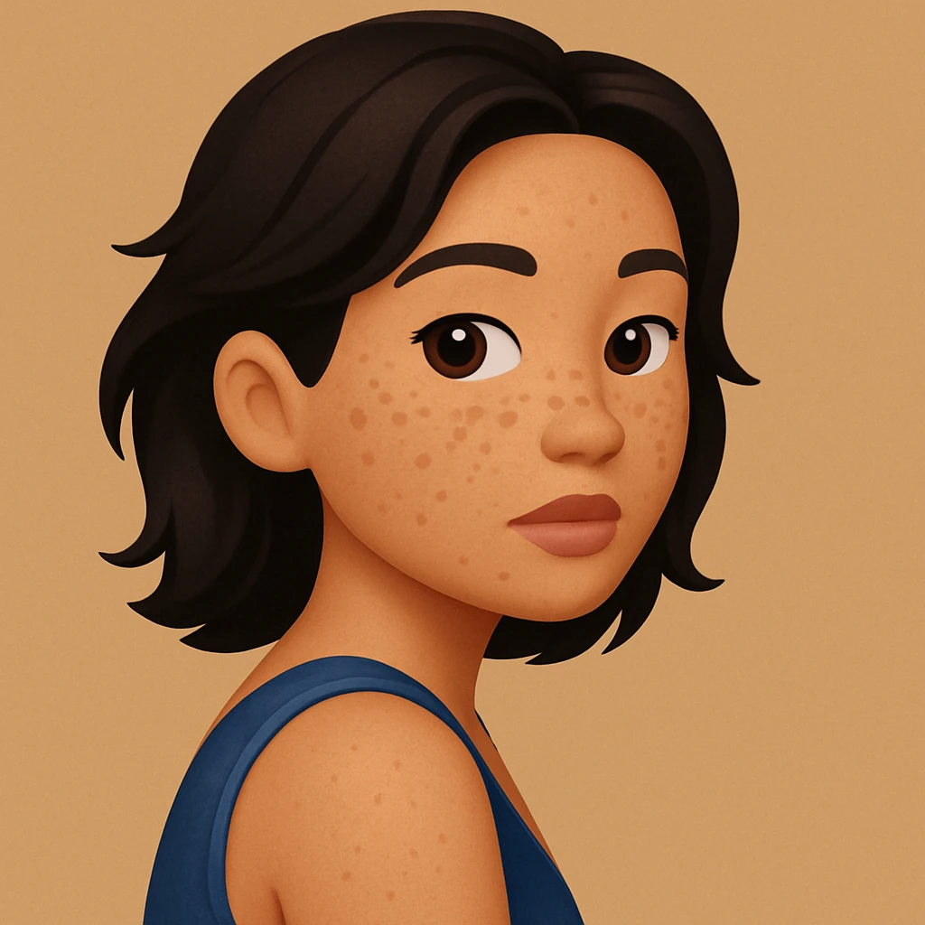 turn the second man in emoji style of the 1st image, match the facial features and match dressing style of the 2nd image, she is wearing blue tank top lose, side pose emoji