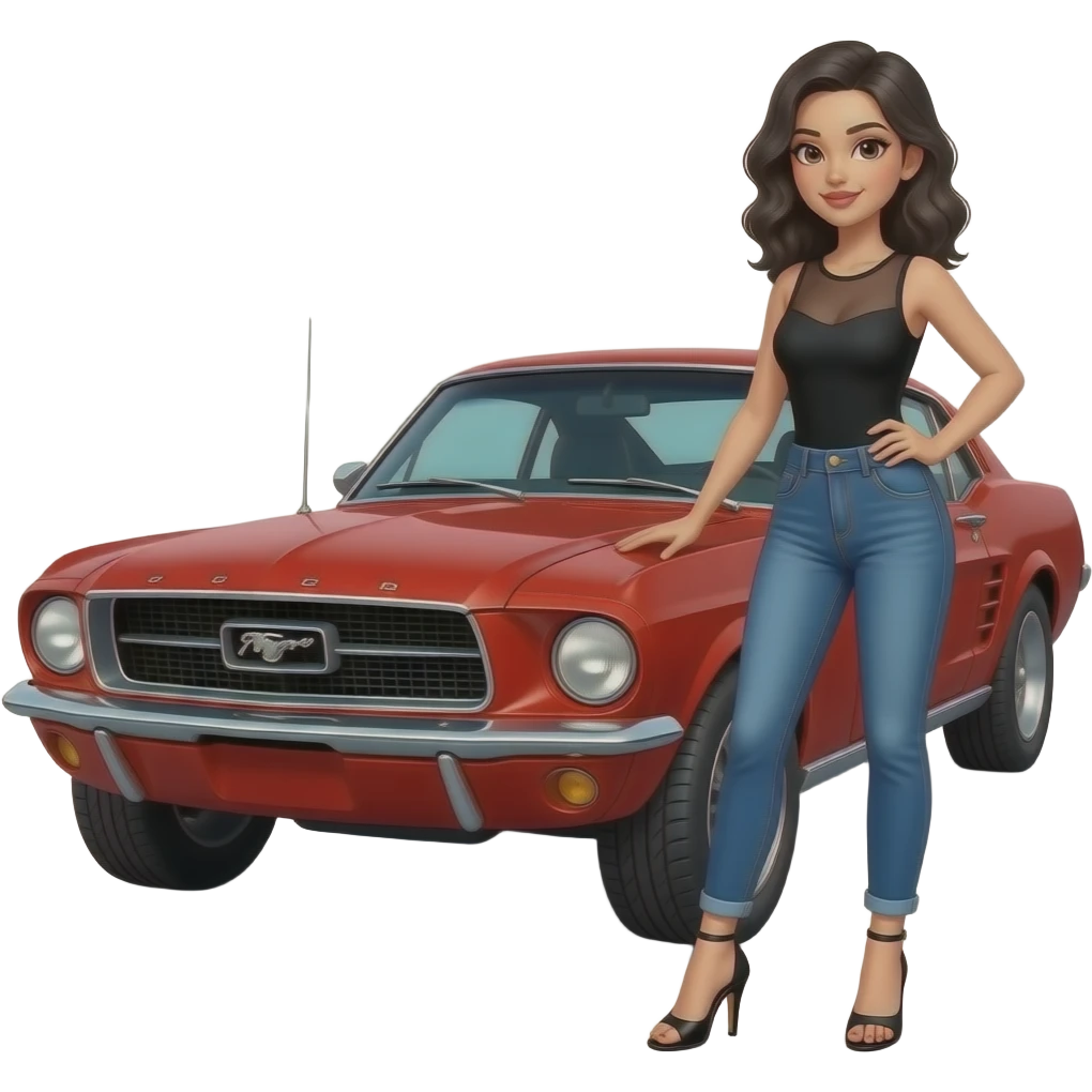 Pale girl with black wavy hair standing on the front left of a red Ford Mustang 1968 coupe. Girl wearing a sheer black sleeveless top with a medium neckline, jeans and heels with visible toes. Right hand on the hood and left hand on her waist and 3/4 profile position. emoji