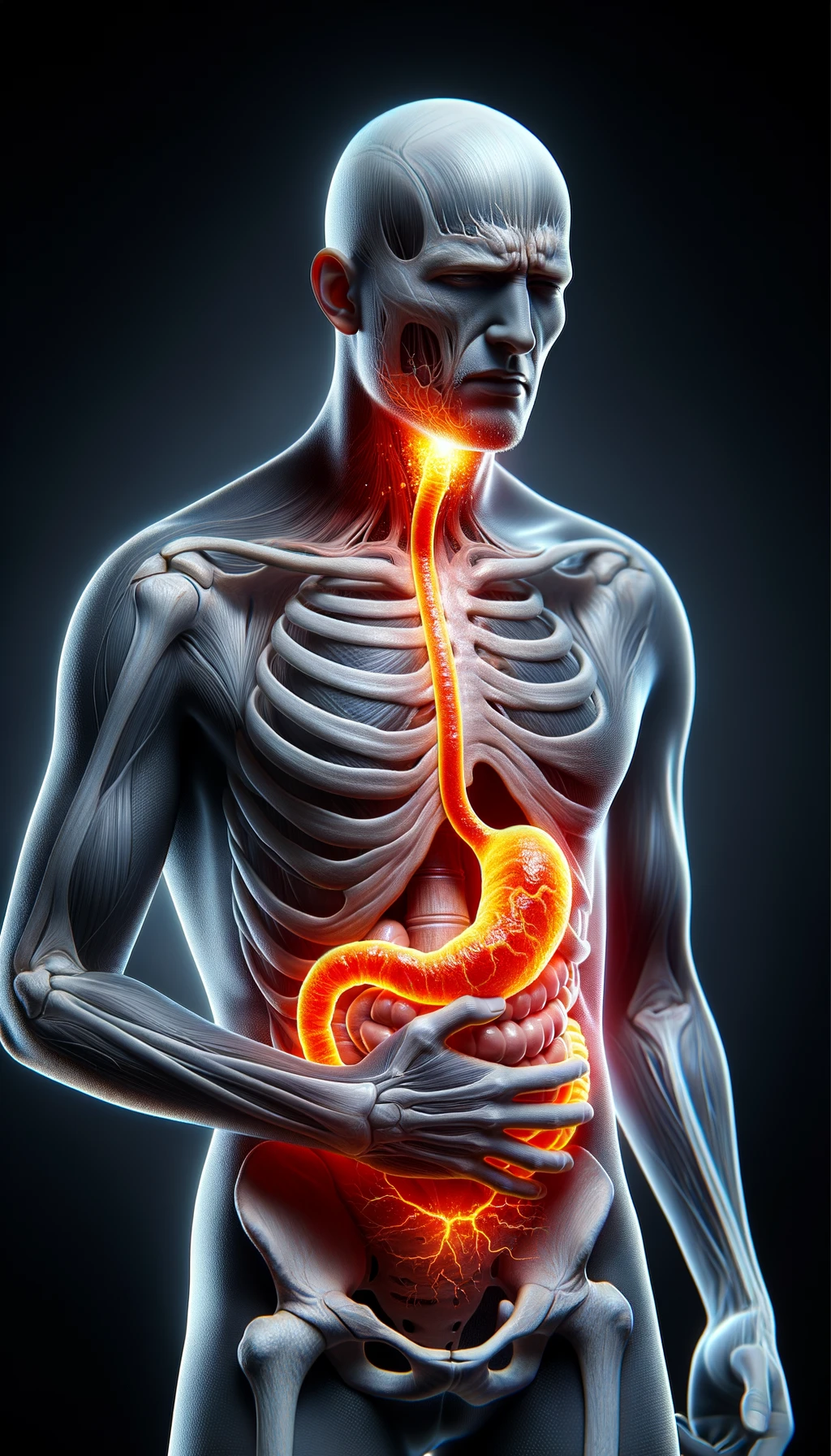 corpo umano anatomico con reflusso e stomaco infiammato, stomaco in evidenza, espressione di dolore in volto, iperrealistico 4k emoji