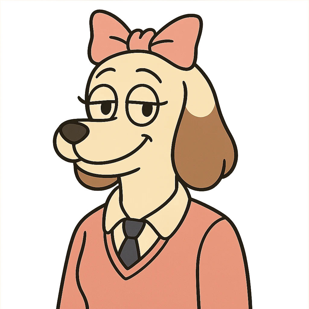 preppy dog with a pink head piece bow in flat toon style emoji