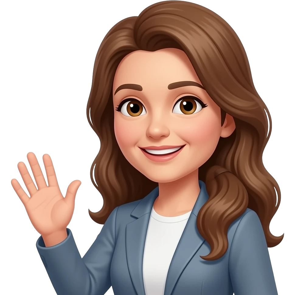 frau um die 50 mit langen, offenen, braunen haaren, mit pony  schmalem gesicht, braune augen,grüßend emoji