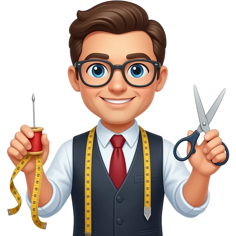 Elinde iğne ipliği mezurası, kumaşı ve makası olan, gözlüklü bir Terzi emojisi apple emoji düzeninde yap emoji