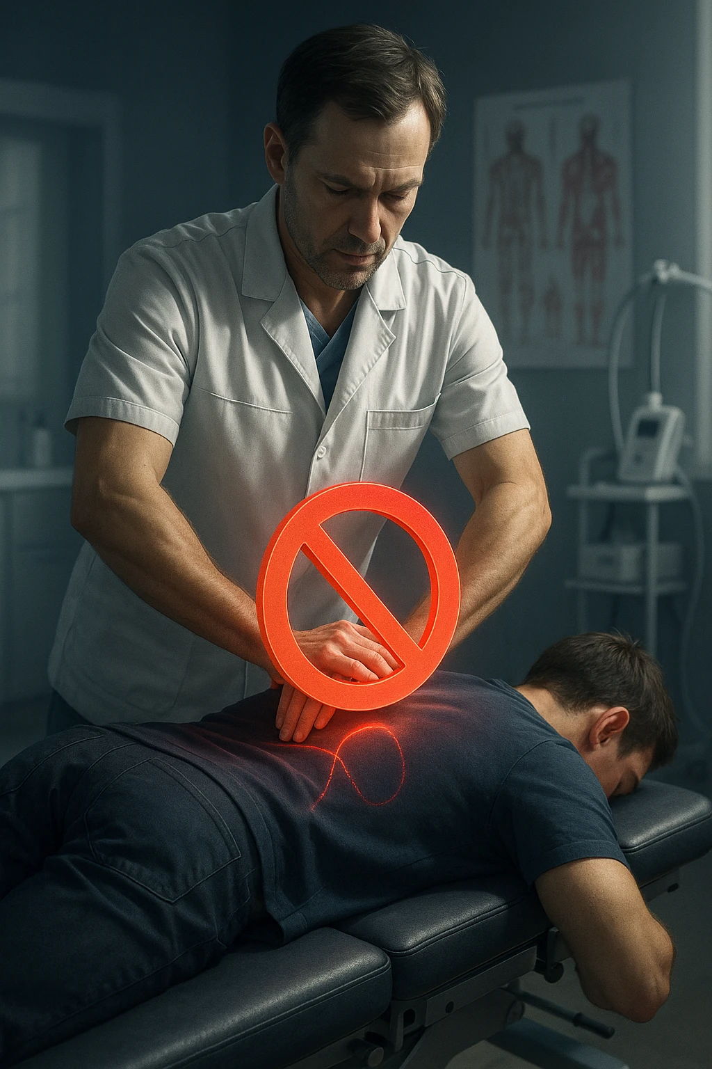 cinematic vertical illustration in a modern osteopathic clinic, European male osteopath in his 40s with light skin and short brown hair wearing a fitted white medical coat standing beside a professional treatment table performing high-velocity spinal manipulation on a patient lying prone, large glowing red prohibition symbol hovering over patient's back indicating technique not suitable for postural asymmetry, softly blurred background with anatomical charts and medical equipment, dramatic directional lighting highlighting the action, cool clinical color palette, subtle vignette for focus, scene like a frame from a medical drama with tension and caution emoji