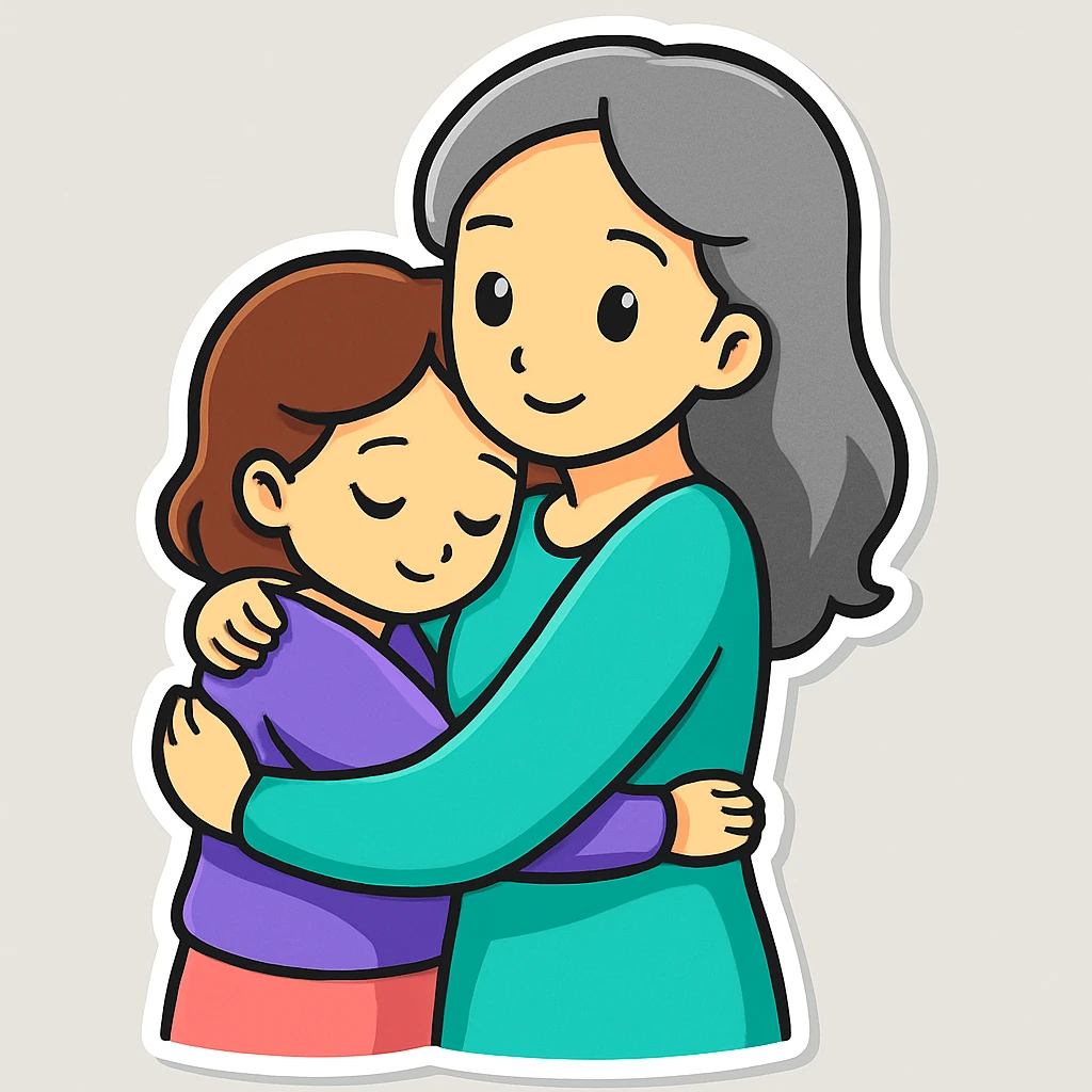 Change colors: girl with brown hair and purple t-shirt, mother with gray hair and aqua green dress, in sticker style. emoji